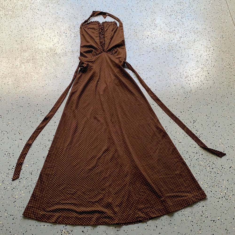 70s polka dot empire waist halter maxi dress